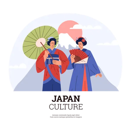 Poster with women in Japanese kimono with traditional accessories  Illustration