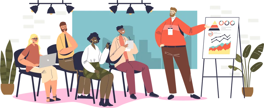 Unternehmen präsentiert Diagramme und Berichte auf Seminar  Illustration