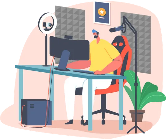 Professional gamer working at studio  Illustration