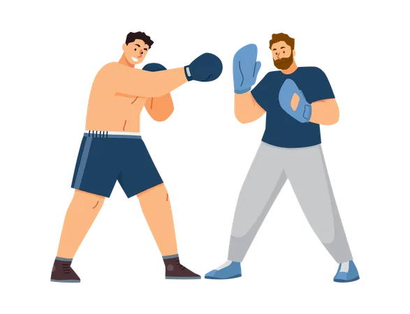 Professional man boxer exercising in blue sportswear with trainer  Illustration