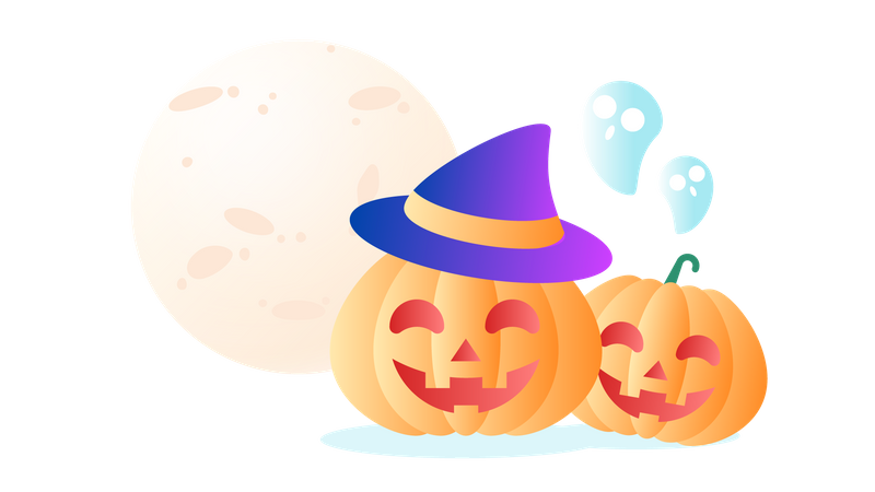 Pumpkins and Ghost at the Moon  Illustration