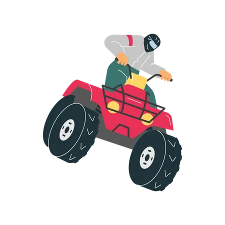 Red quad bike with man in helmet off-road driving  Illustration