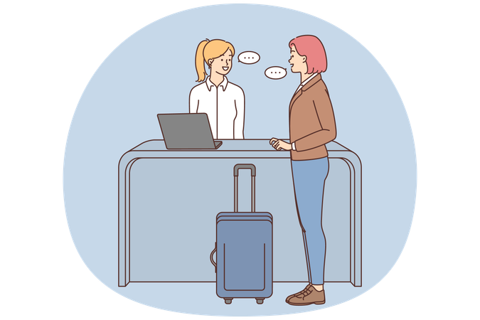 Weibliche Reisende mit Gepäck sprechen mit Administrator an der Rezeption  Illustration