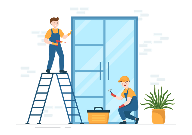 Repairman working with door installation  イラスト