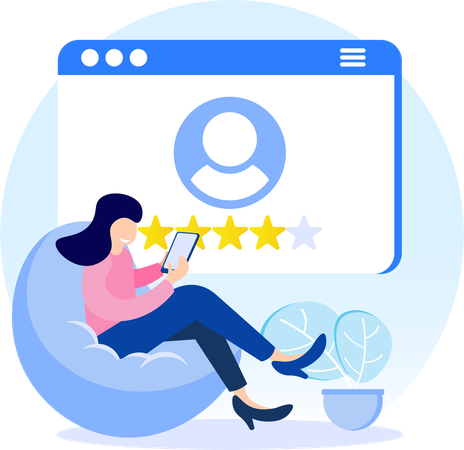 Chica mirando la reseña de un cliente en un sitio web  Ilustración