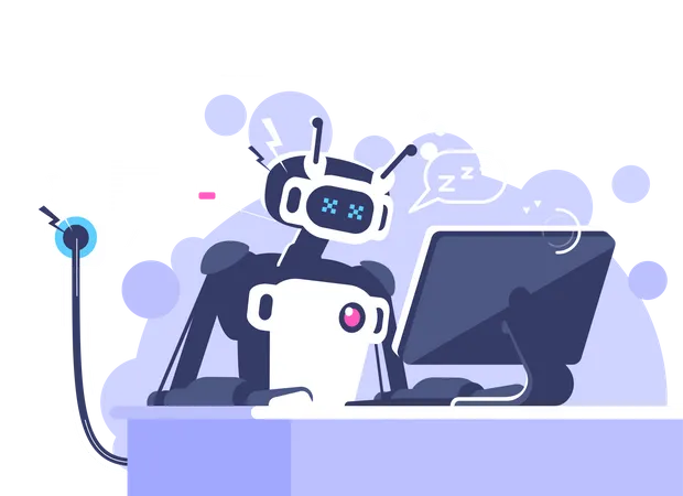 Robô com baixa energia trabalhando em laptop  Ilustração
