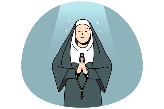 Ruhige Nonne in traditioneller Kleidung betet. Kirchenschwester mit Rosenkranz spricht mit Gott  Illustration