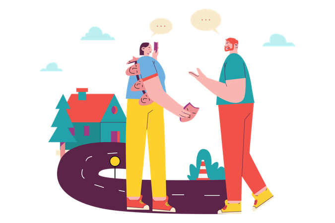 Sad and Happy Mask Inside a Girl Conversing with a Boy  Illustration