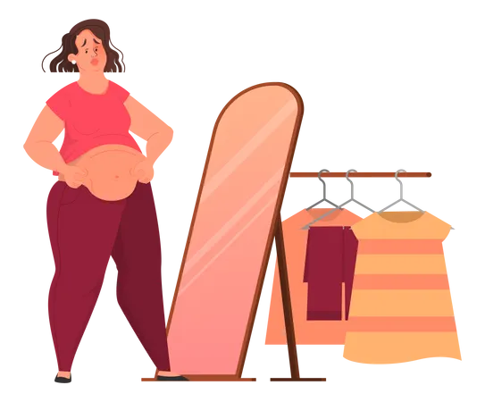 Sad fat woman looking in the mirror  Illustration
