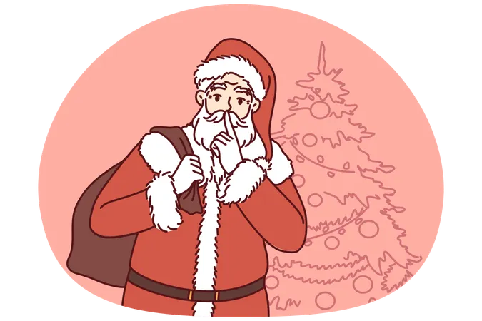 Santa Claus with bag of gifts came to congratulate children on Christmas holidays  Illustration