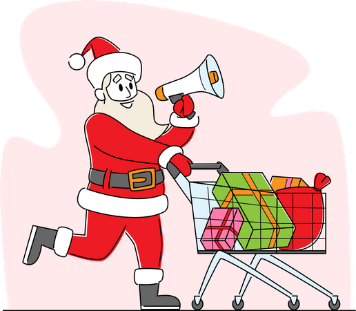Santa Claus with Loudspeaker Pushing Shopping Trolley Announcing Christmas Sale  Illustration