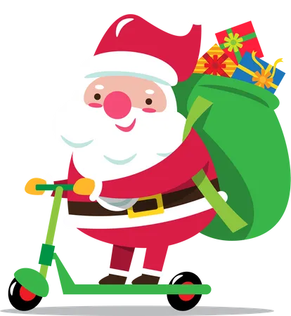 Santa Claus with sack full of Christmas presents riding scooter  Illustration