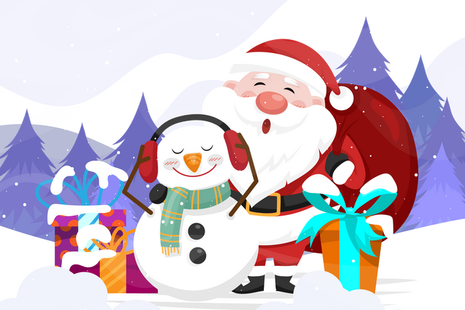 Santa Claus with snowman and giftbox  Illustration