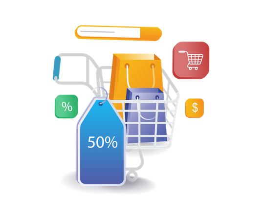 Shopping basket with discount label  일러스트레이션