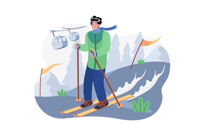 Skier man slide down a snowy mountain  Illustration
