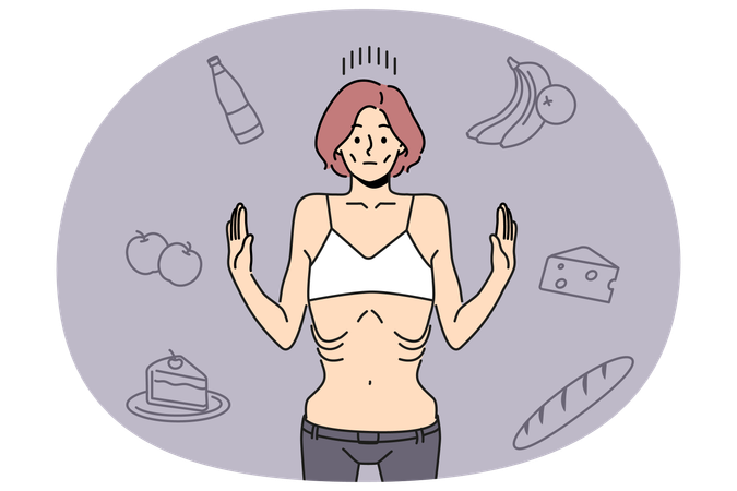 Skinny woman refuse to eat suffer from anorexia  Illustration