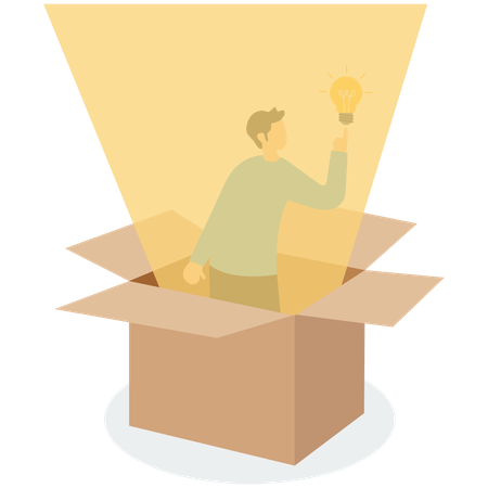 Smart businessman get out of paper box with new illumination light bulb idea  イラスト