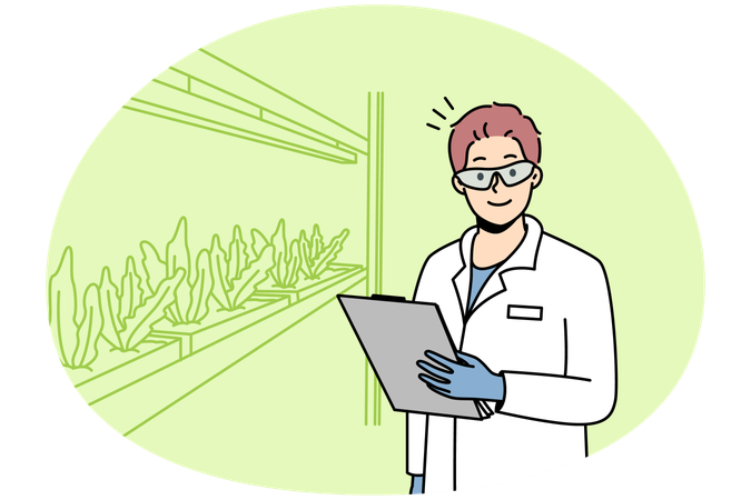 Smiling male scientist in uniform growing plants in laboratory  Illustration