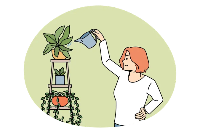 Smiling woman standing and watering green growing house plants with can taking care  Illustration
