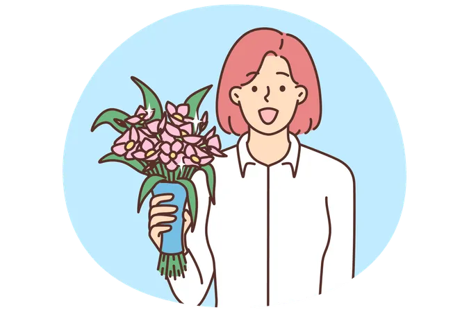 Smiling woman with bouquet greeting with anniversary  Illustration