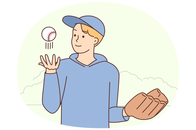 Smiling young man in sportswear with baseball glove and ball  Illustration
