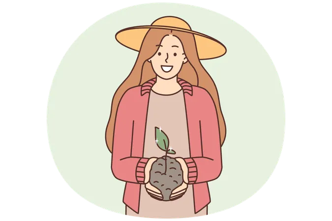 Smiling young woman holding soil with seedling in hands  Illustration