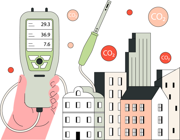 Smoke detector measuring smoke coming out of industry  Illustration