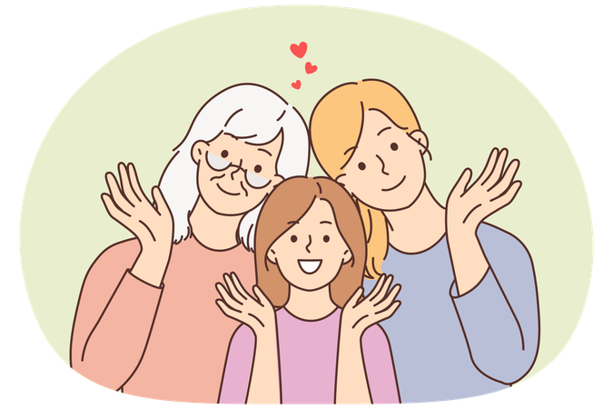 Sorrindo, três gerações de mulheres posando juntas  Ilustração