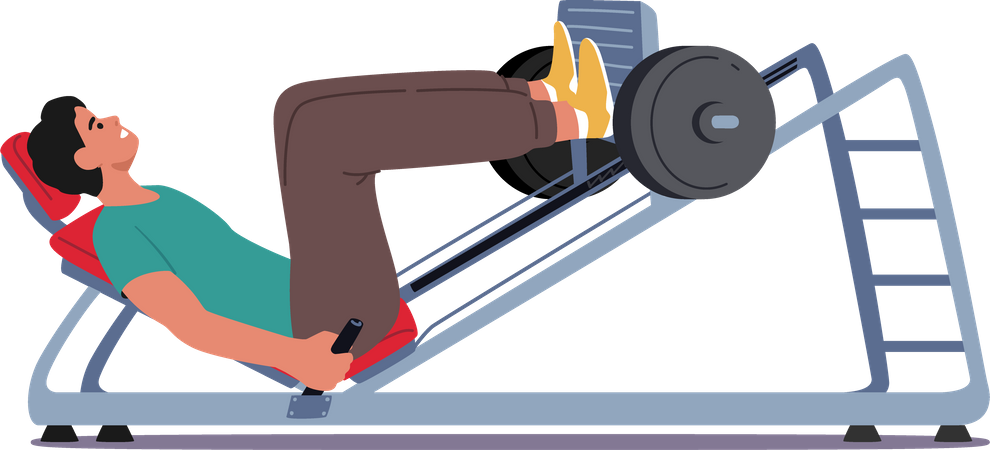 Sportsman Powerlifter Training Legs Lying on Press Bench in Gym  イラスト