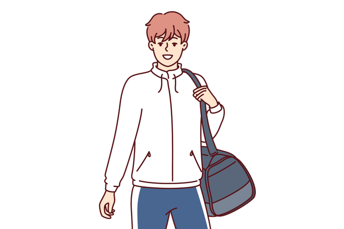 Sportsman with sportswear bag goes to fitness club  イラスト