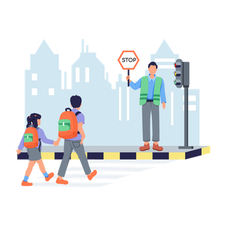 Students Crossing Road at traffic signal  Illustration