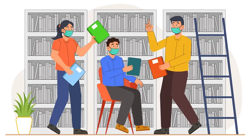 Students gossiping in library  Illustration