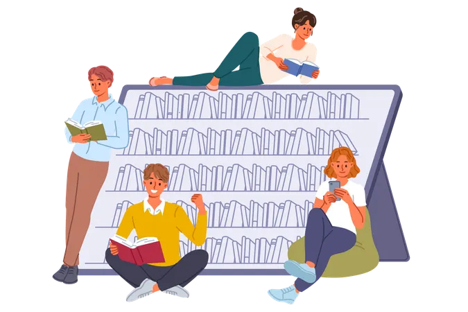 Students visiting electronic library read books using gadgets  Illustration