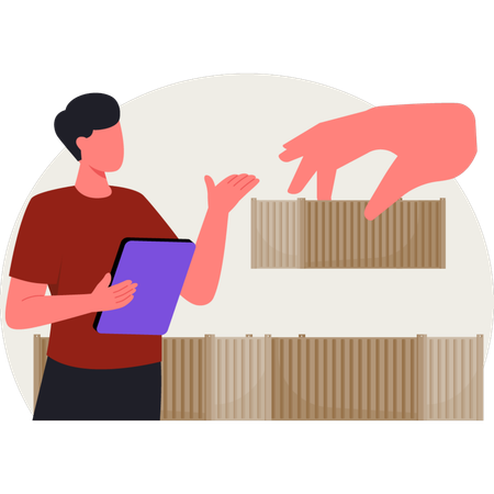 The boy is explaining warehouse delivery  Illustration