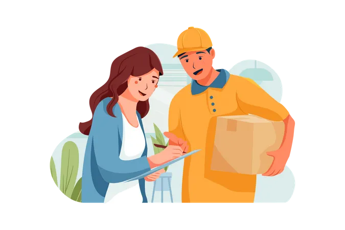 The customer is standing beside the shipper to sign her bill  Illustration
