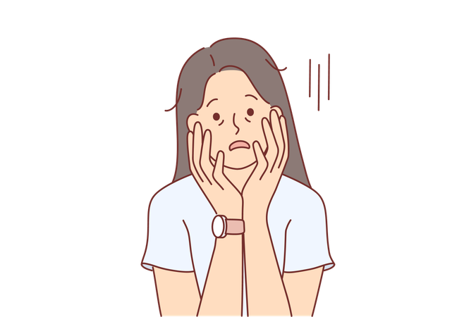 Tired woman with exhausted appearance touches face with hands  Illustration
