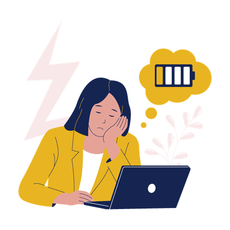 Tired Woman Working on Laptop with Low Battery  Illustration