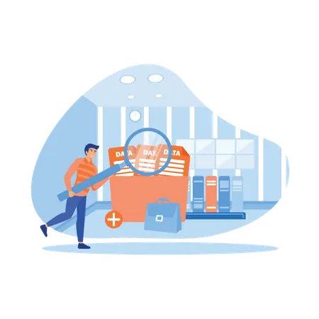 Trabajador que busca un archivo en el almacenamiento de datos  Ilustración