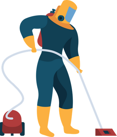 Trabajador del servicio de limpieza aspirando el piso  Ilustración