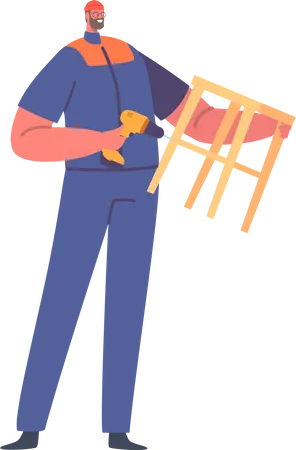 Trabajador Masculino Usar Uniforme Usando Taladro Montaje Silla Madera  Ilustración