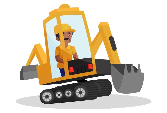 Trabalhador da construção civil está sentado em uma máquina escavadeira  Ilustração