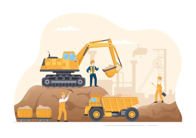 Trabalhador que trabalha no local de mineração  Ilustração
