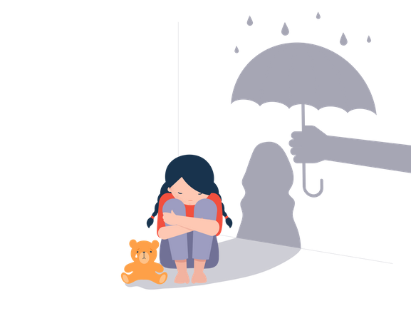 Trauriges kleines Mädchen mit Teddybär auf dem Boden sitzend  Illustration