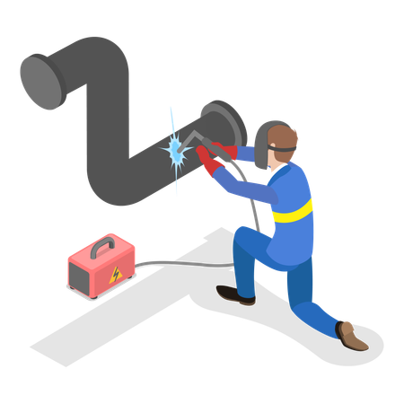 Travailleur effectuant du soudage à l'aide d'un masque et de gants de protection  Illustration