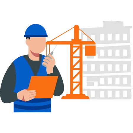 Travailleur parlant sur un talkie-walkie  Illustration
