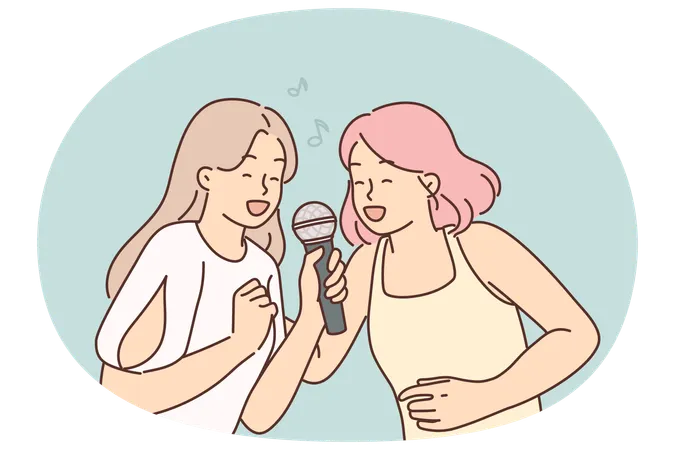 Two women sing song in karaoke at house party, I get positive emotions from musical leisure  Illustration