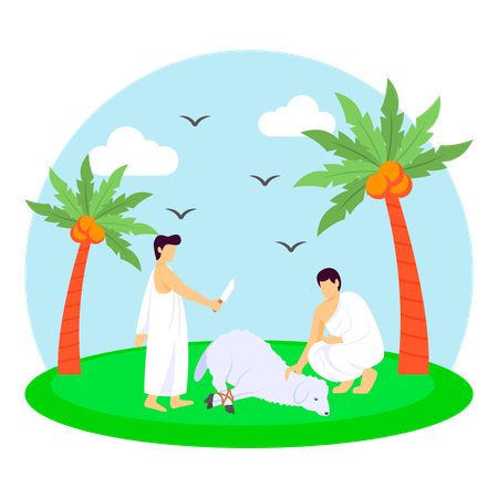 Um cordeiro sendo sacrificado durante o Eid Al Adha  Ilustração