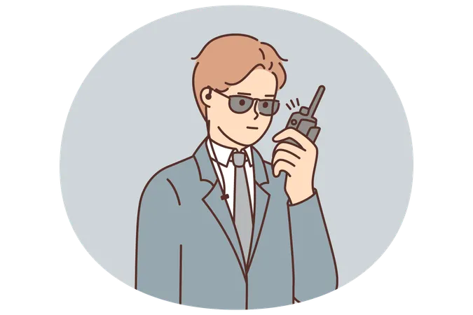 Un garde du corps utilise un talkie-walkie pour informer le service de sécurité de l'arrivée d'un invité  Illustration