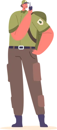 Un ranger forestier utilise un talkie-walkie pour communiquer en forêt  Illustration