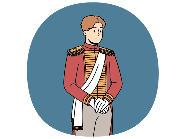 Un homme aristocratique triste en vêtements du XVIIIe siècle est prêt pour un bal ou un dîner dans un château médiéval  Illustration